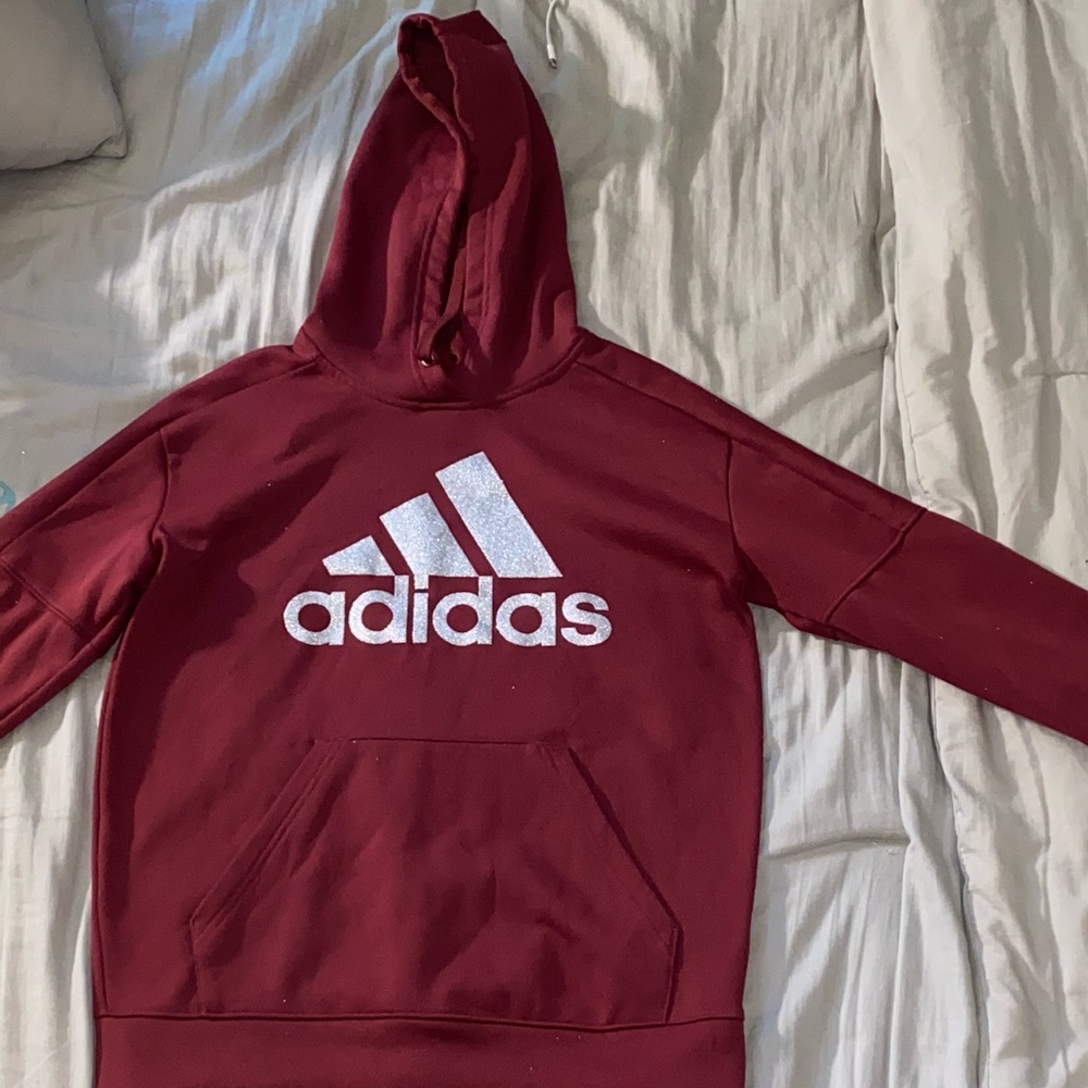 Burgundy Adidas jacket with sparkly logo